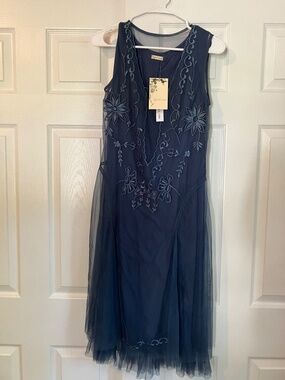 Age of Love Midi by Nataya Blue Embroidered Mesh Dress NWT Small